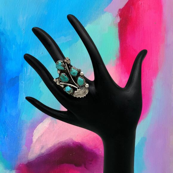 1960s ANGELITA CHEAMA Zuni Sterling Silver & Turquoise Floral Bouquet Ring 7.75 - Picture 3 of 3